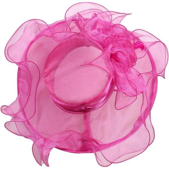 Women Sun Hat Church Wide Brim Hot Pink - Picture 7 of 7